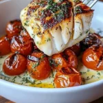 Plate of grilled cod fillet with roasted tomatoes and creamy dill sauce