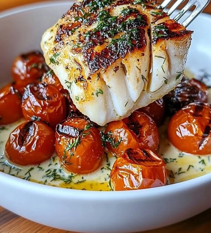 Plate of grilled cod fillet with roasted tomatoes and creamy dill sauce