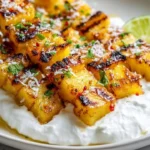Grilled pineapple skewers with chili-lime glaze and coconut yogurt on a plate