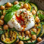 Delicious grilled zucchini chickpea salad topped with burrata and seasoned spices.