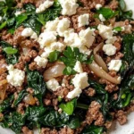 Ground beef skillet with spinach and feta dish served in a pan
