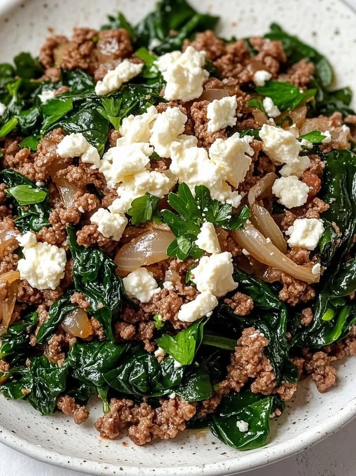 Ground beef skillet with spinach and feta dish served in a pan