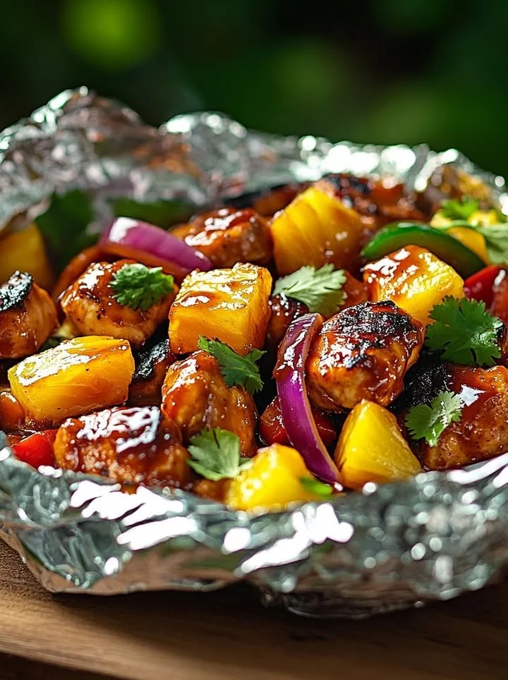Hawaiian BBQ Chicken with Pineapple in foil packets, ready for grilling