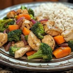 Healthy chicken stir-fry with colorful veggies and rice in a bowl