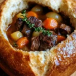 Hearty beef stew served in delicious bread bowls, perfect for a cozy meal.