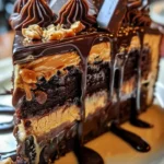 Decadent chocolate peanut butter cake with gooey texture and rich frosting