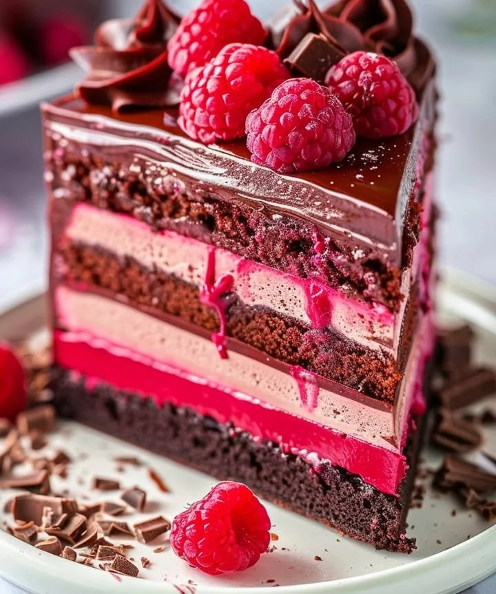 Heavenly Raspberry Chocolate Mousse Cake with chocolate layers and raspberry topping