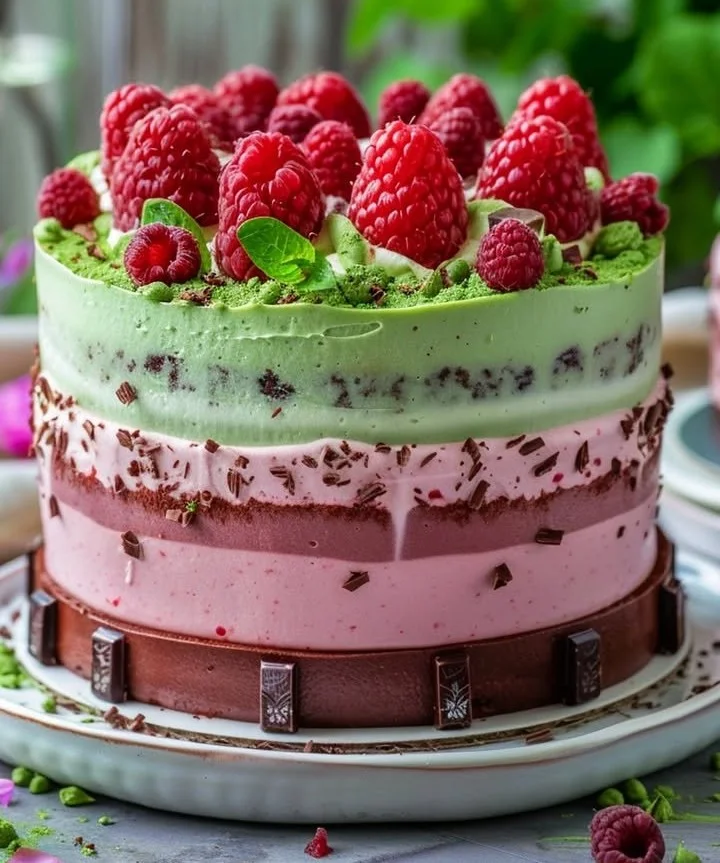 Heavenly Raspberry Chocolate Mousse Cake with fresh raspberries and chocolate