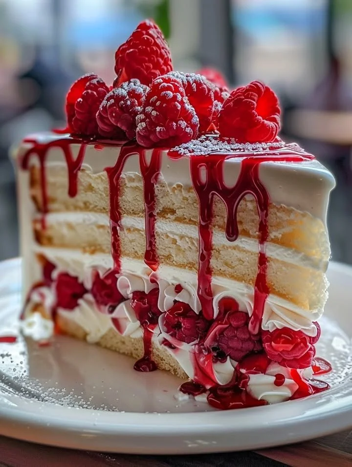 Slice of Heavenly White Chocolate Raspberry Cake with fresh raspberries on top