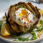 Delicious roasted artichoke with molten burrata cheese core