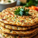 High-protein lentil flatbread served on a wooden board with fresh herbs