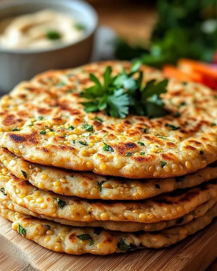 High-protein lentil flatbread served on a wooden board with fresh herbs