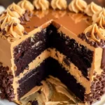 Homemade chocolate peanut butter cake with rich frosting and toppings