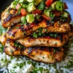 Honey Lime Chicken served over a bed of Avocado Rice Stack