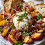 Hot honey peach burrata platter with crispy prosciutto and fresh ingredients