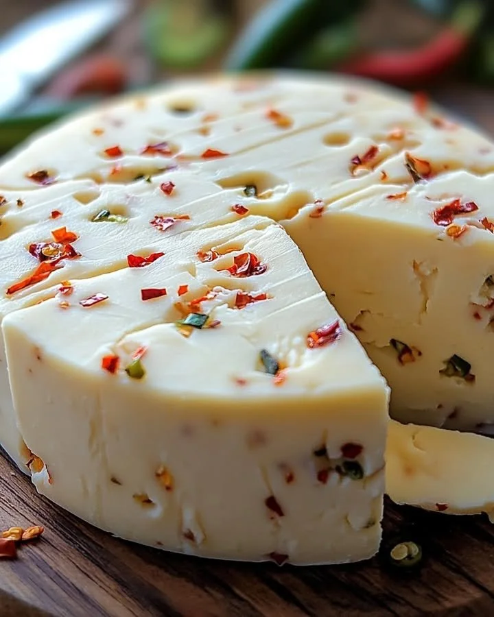 Homemade pepper jack cheese with spices and peppers