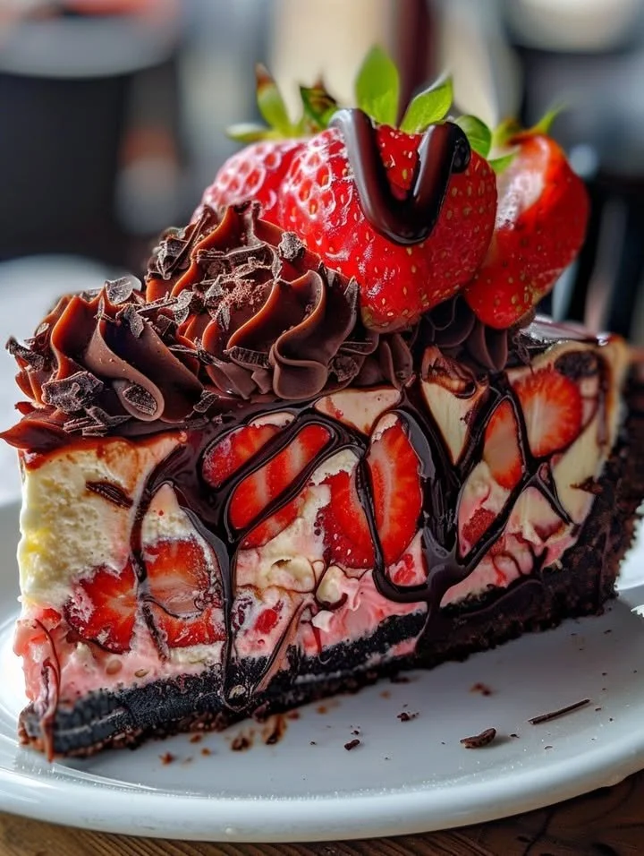 Slice of incredible chocolate strawberry cheesecake topped with fresh strawberries.