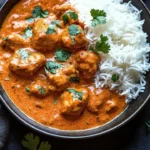 Delicious Indian Butter Chicken served with rice and garnished with cilantro.