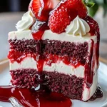Indulgent red velvet strawberry cheesecake with creamy frosting and fresh strawberries