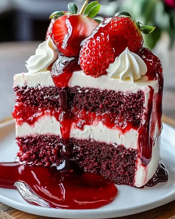 Indulgent red velvet strawberry cheesecake with creamy frosting and fresh strawberries