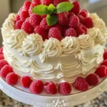 Delicious peach raspberry cake topped with fresh fruits and cream