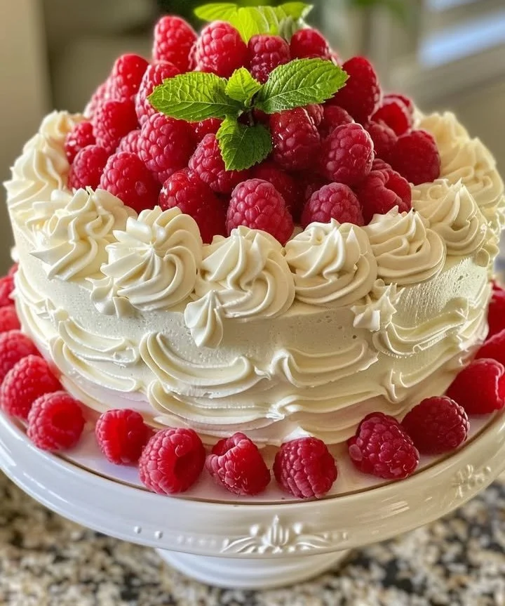 Delicious peach raspberry cake topped with fresh fruits and cream