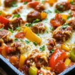 Italian sausage and pepper casserole served in a rustic dish