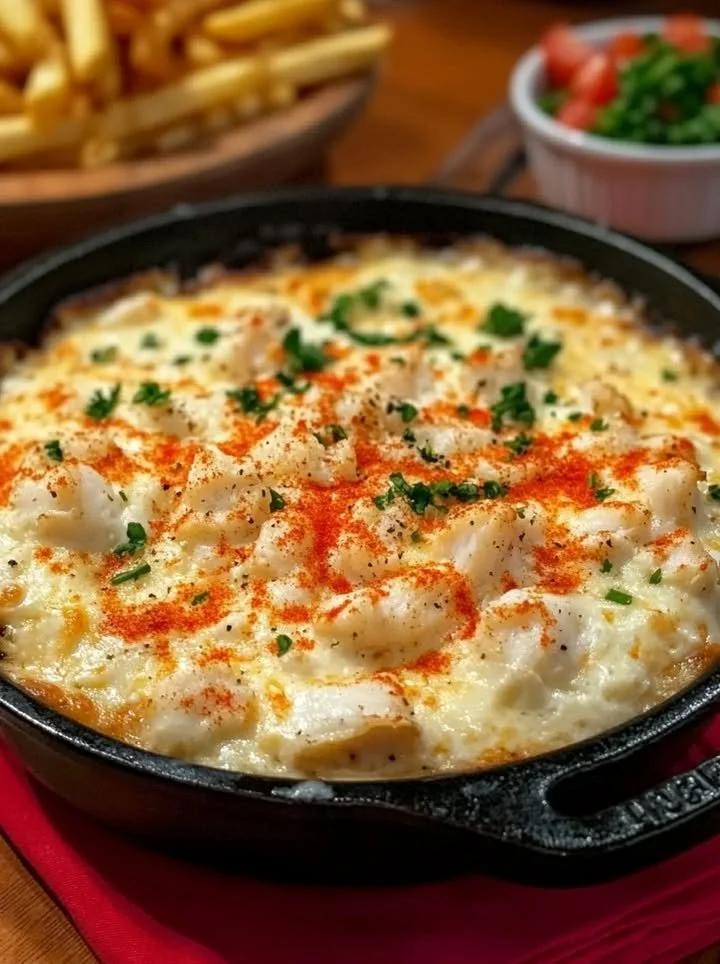 Creamy crab dip from Joe's Crab Shack served in a bowl with tortilla chips