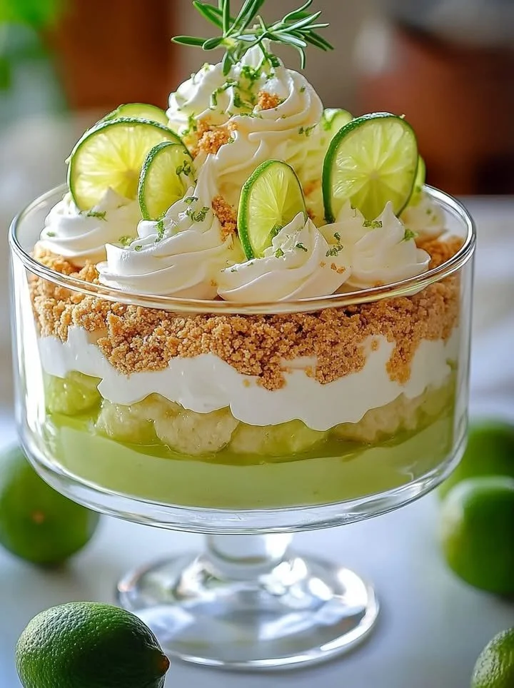 Delicious Key Lime Pie Trifle layered with whipped cream and key lime filling