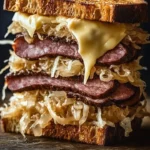 Tasty Kielbasa Reuben sandwich with melty cheese and sauerkraut