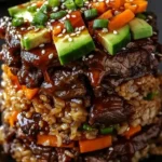 Delicious Korean BBQ Beef Rice Stack served with colorful vegetables