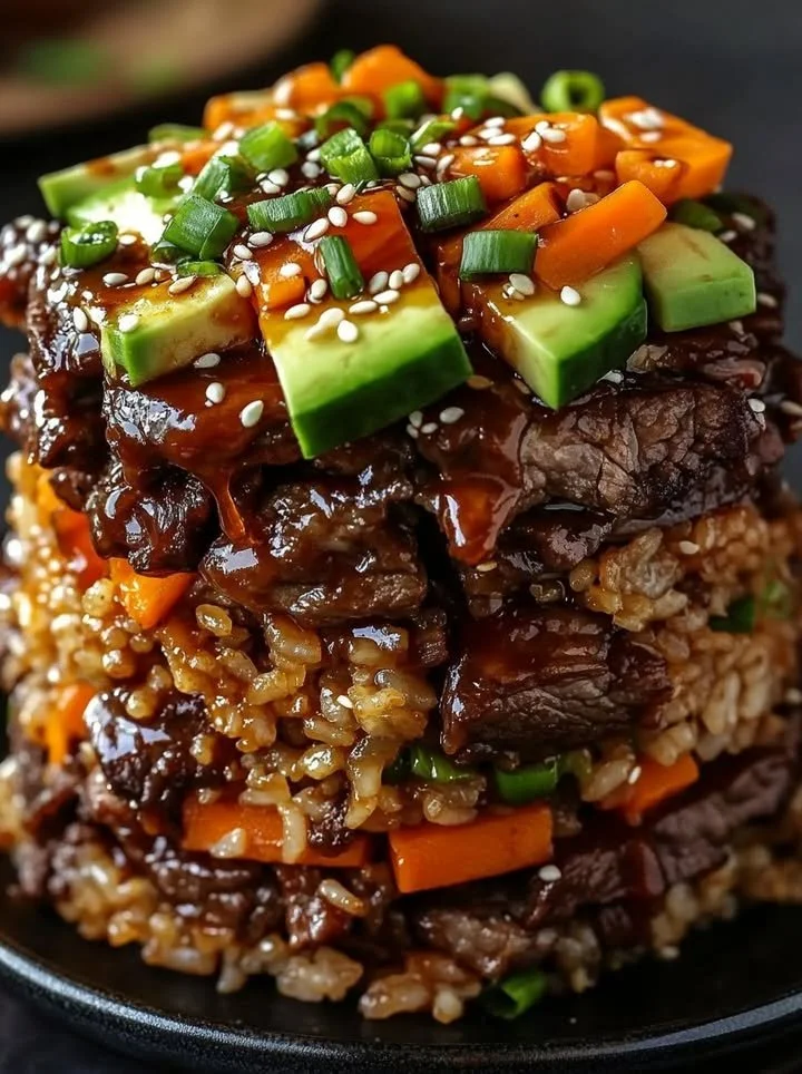 Delicious Korean BBQ Beef Rice Stack served with colorful vegetables