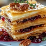 Layered phyllo pastry with brie, cranberry, and pecans on a platter