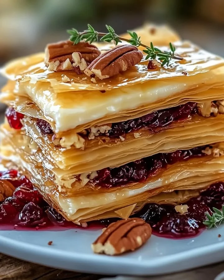 Layered phyllo pastry with brie, cranberry, and pecans on a platter