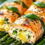 Lemon Basil Salmon Rolls garnished with fresh herbs on a white plate