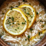 Bowl of Lemon Chicken and Rice Soup garnished with herbs and lemon slices