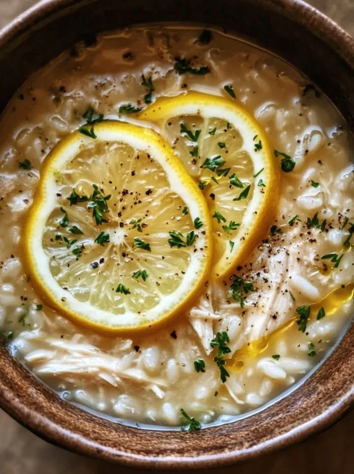 Bowl of Lemon Chicken and Rice Soup garnished with herbs and lemon slices