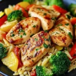 Lemon Chicken Stir Fry with colorful vegetables and orzo pasta in a skillet