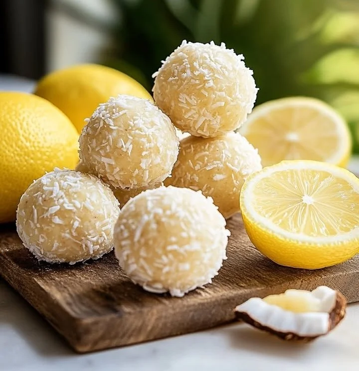 Lemon Coconut Protein Balls with a sprinkle of coconut flakes on top.