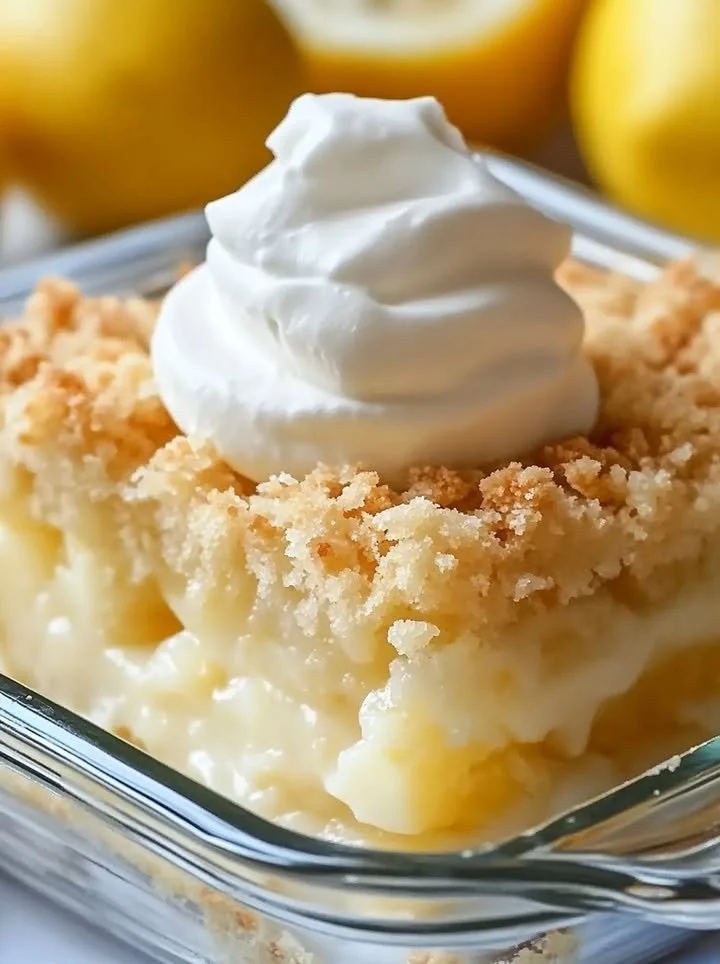 Lemon cream cheese dump cake served on a plate with fresh lemon slices