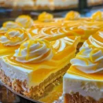 Slice of Lemon Mango Swirl Cheesecake with vibrant lemon and mango swirls