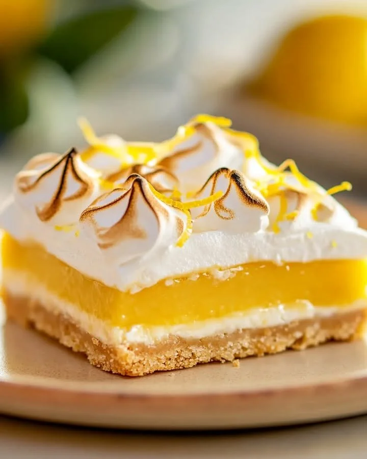 Delicious Lemon Meringue Tart Bars topped with light, fluffy meringue.