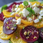 Lemon & Pistachio Roasted Beet Salad featuring vibrant beets and nuts.