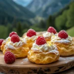 Lemon raspberry cream puffs topped with berries and whipped cream