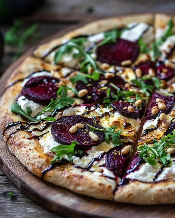 Lemon and roasted beet ricotta pizza topped with fresh herbs and colorful ingredients.
