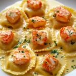 Lobster ravioli drizzled with zesty lemon butter sauce on a plate