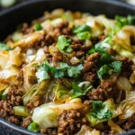 Plate of Low-Carb Mongolian Ground Beef served with cabbage and vegetables