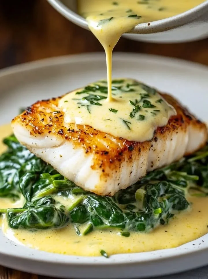 Lemon-garlic sea bass served with creamed spinach on a plate
