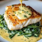 Lemon-garlic sea bass served with creamed spinach on a plate.