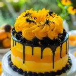 Luscious Lemon Mango Swirl Cheesecake topped with fresh mango slices